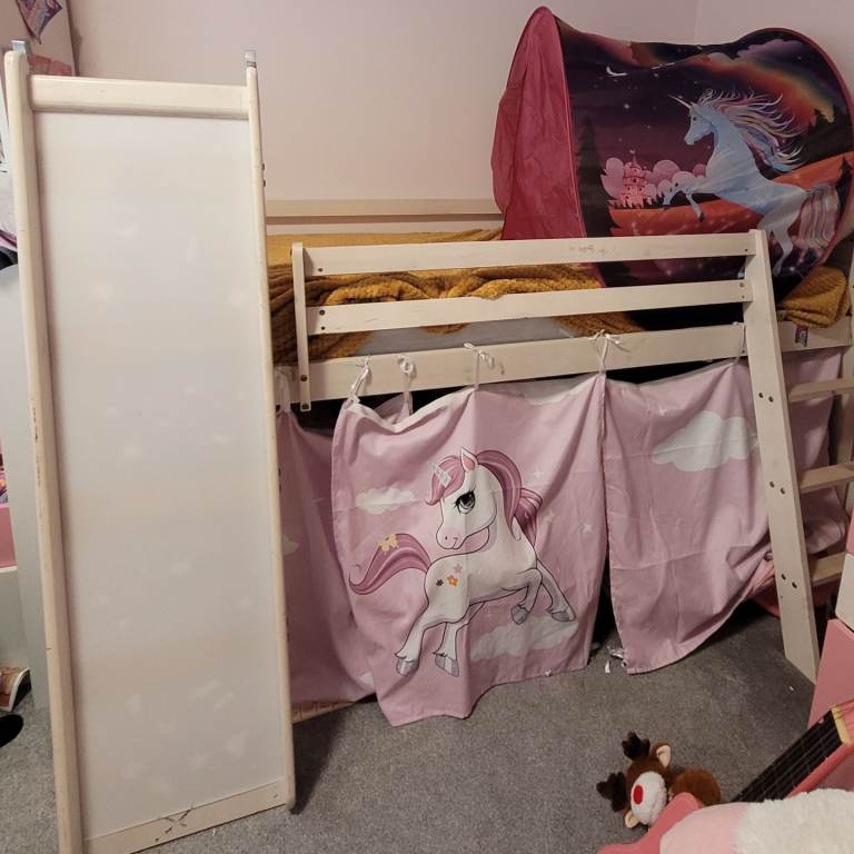 High bed with slide unicorn curtains and unicorn tent