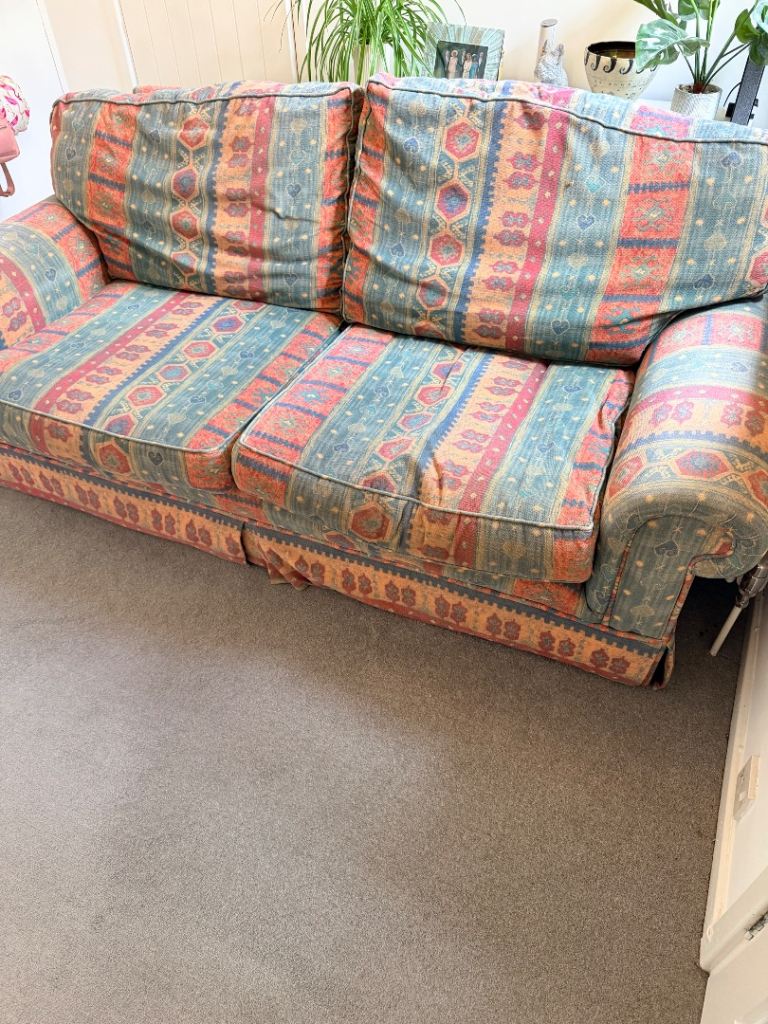 Two-Seater Fabric Sofa – Multicoloured Pattern, Fair Condition