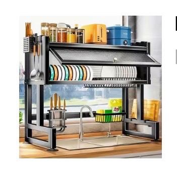 Large over-the-sink dish drying rack in black.