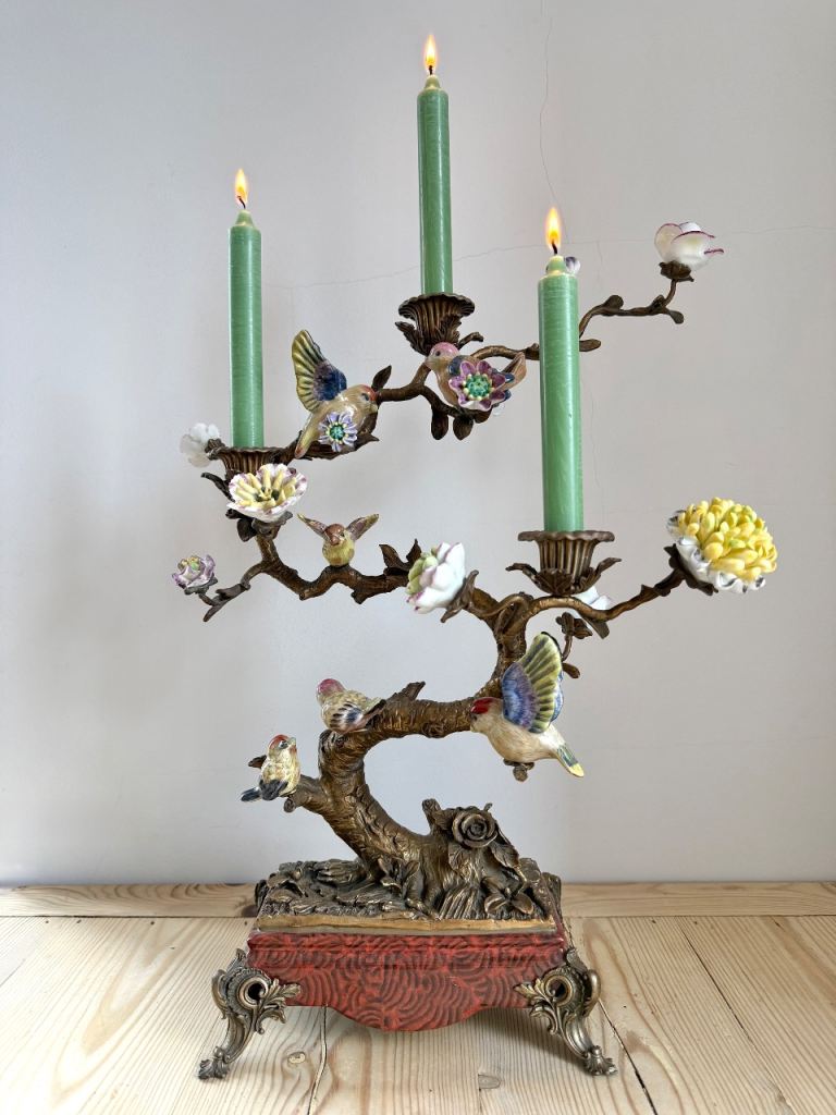 1895 Bronze & Porcelain Luxury Songbird Candelabra Centrepiece Display, Vintage