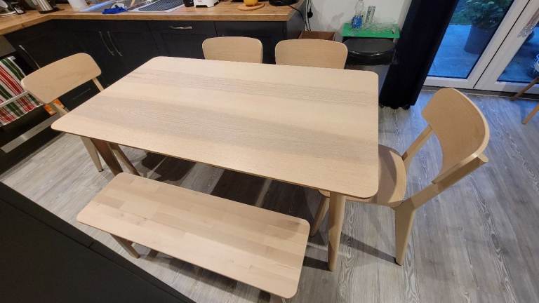 Oak Effect Dining Table Set with 4 Chairs and Bench