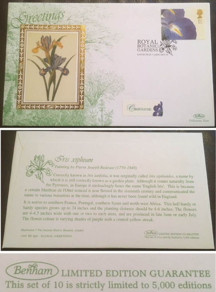 Set of 10 Benham FDC's. gold silk L/E of 5000. 1997 Royal Botanic Gardens. Eccles, Manchester