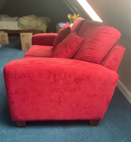 Comfortable Red 2-Seater Sofa with Cushions – Good Condition for Sale