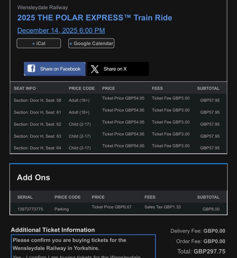 image for Polar Express tickets @ Wensleydale Railway - 2 adults / 3 children