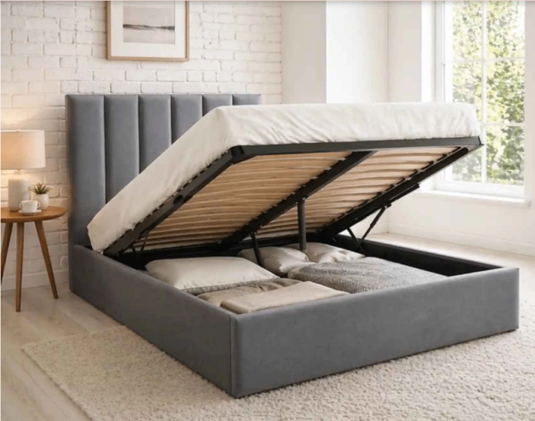New Grey Fabric Double Ottoman Bed Frame – Excellent Condition