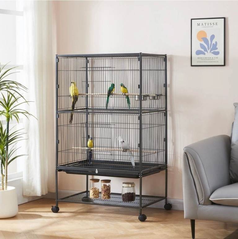 Large Black Metal Parrot Cage with Rolling Stand and Wheels