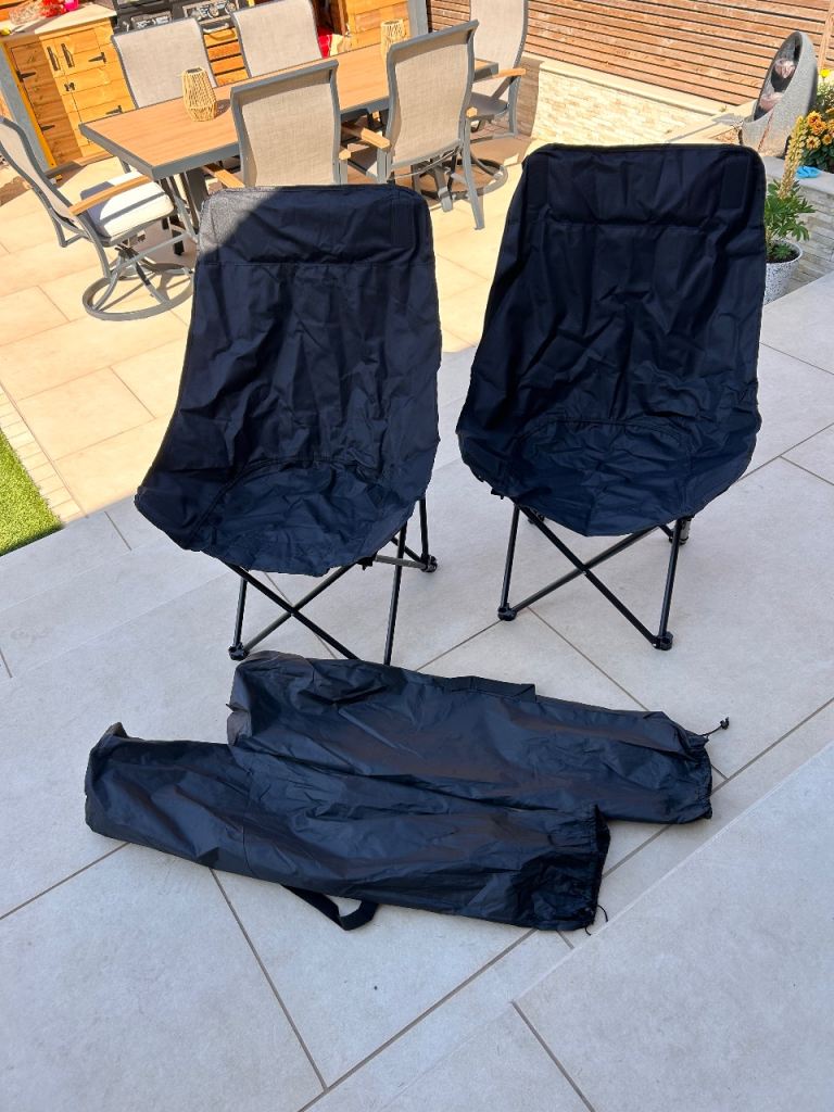 Two Portable Black Folding Camping Chairs with Bags