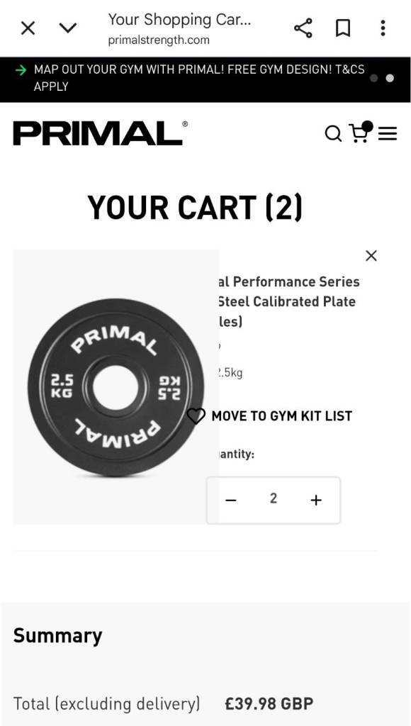 Primal strength performance series steel calibrated olympic weight plates 2x 2.5kg