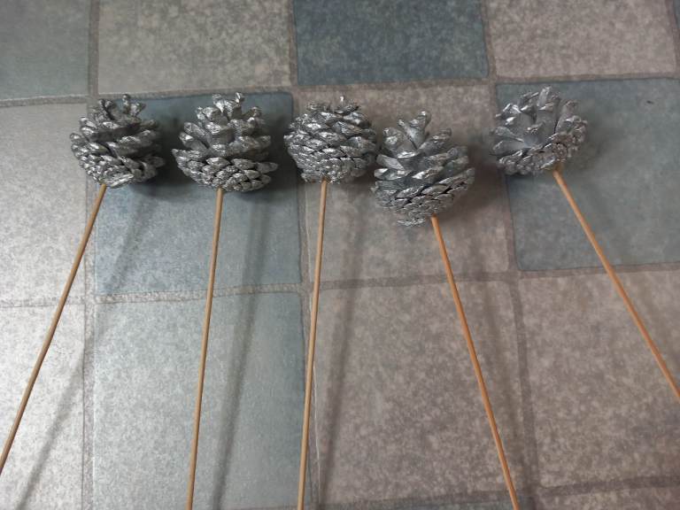 Silver Pine Cone Decorations on Sticks – Set of 5