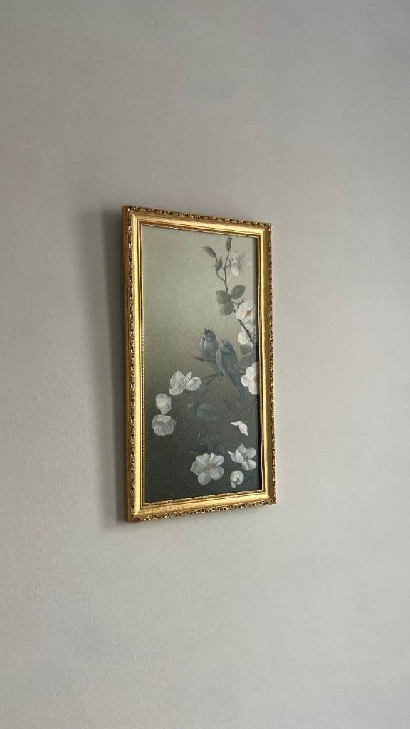 Vintage Oil Painting on Board Birds on Cherry Blossom Branch Gilt Frame Wall Art Decorative Picture