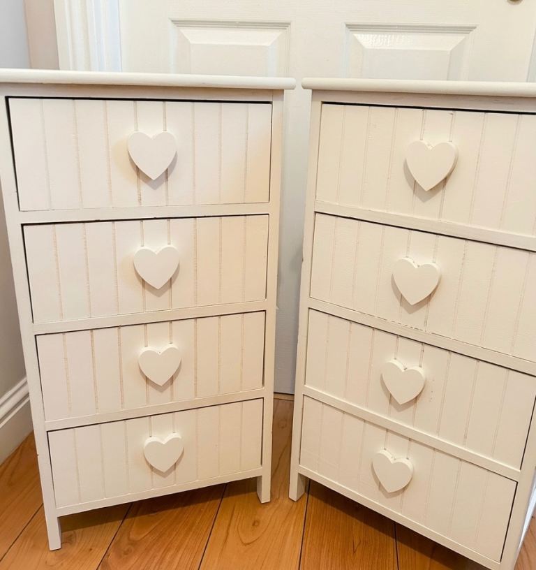 Pair of White Wooden Chests of Drawers with Heart Handles
