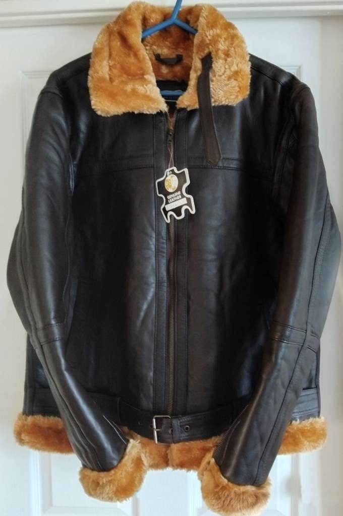 Mens Brown Leather Bomber Jacket with Free Faux Leather Jacket