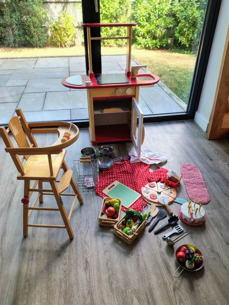 Kids Wooden Play Kitchen & High Chair with Accessories – Good Condition