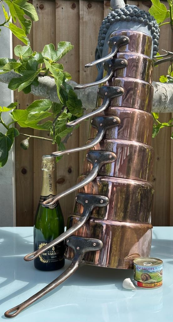VINTAGE FRENCH COPPER PAN SET OF 7 LINED SAUCEPANS, 24-12cm, LECELLIER VILLEDIEU - WILL POST!