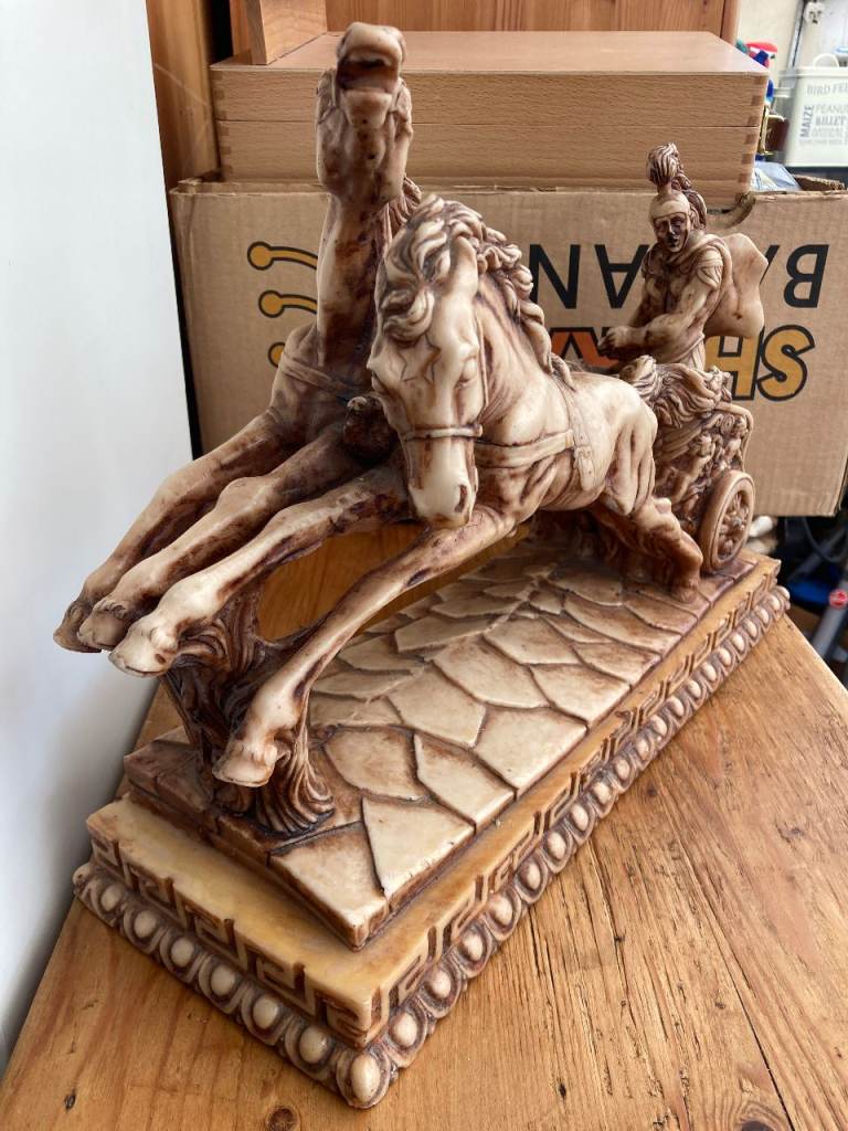 SIGNED LORENZO TONY ROMAN CHARIOT ALABASTER COMPOSITE STATUE