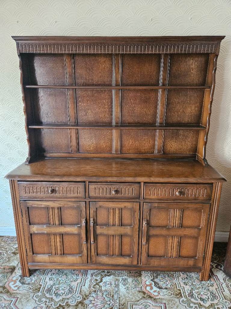 Solid Dark Wood Ercol Welsh Dresser Sideboard Kitchen Cupboard Storage Furniture