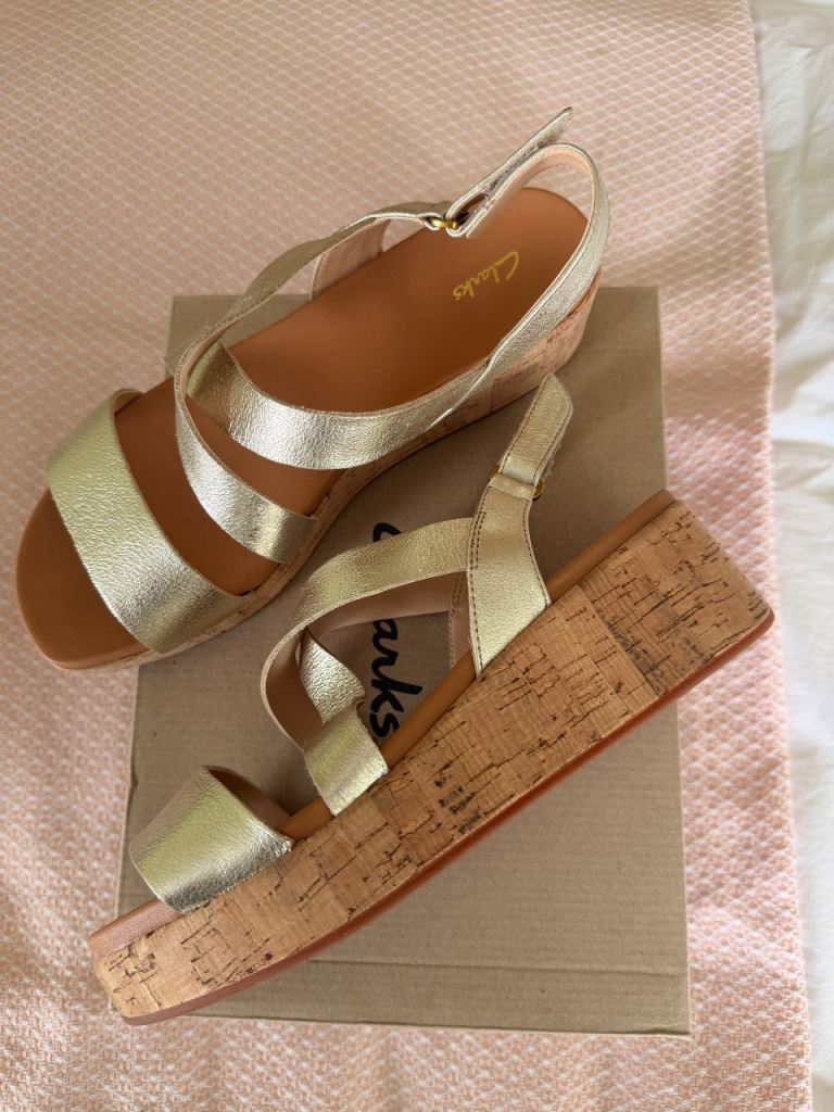Brand New Clarks Kimmer Cora Gold Wedge Sandals, UK Size 7