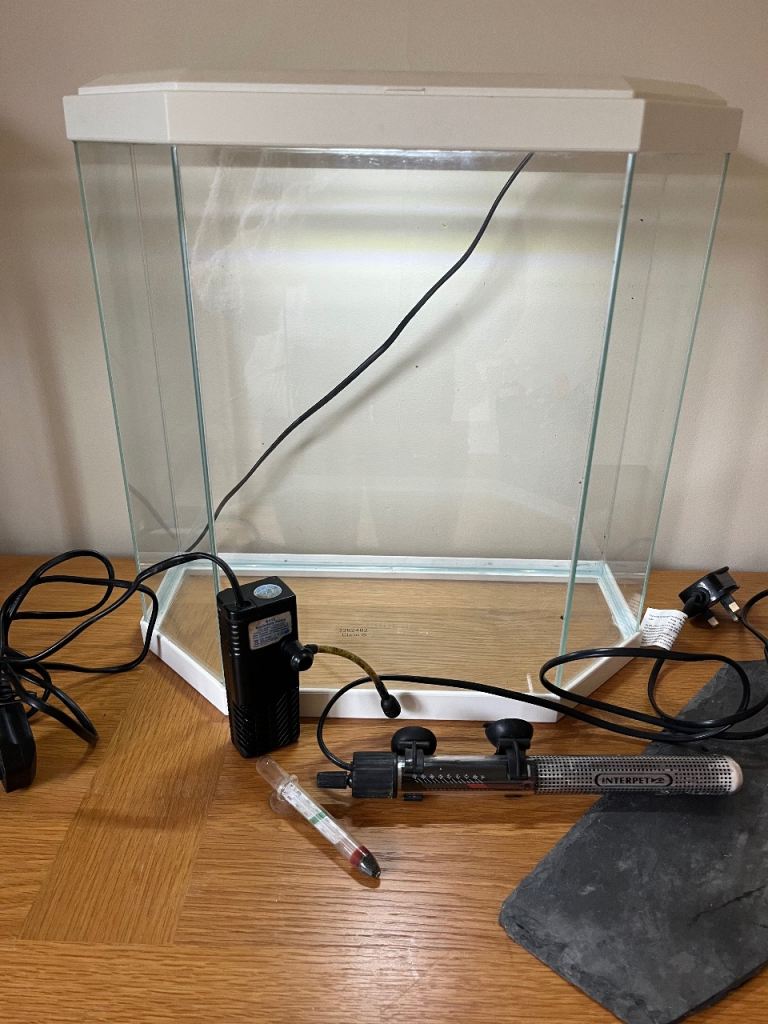 White Half Hexagonal Front Aquarium Fish Tank Set Up Filter Heater & LED Lights