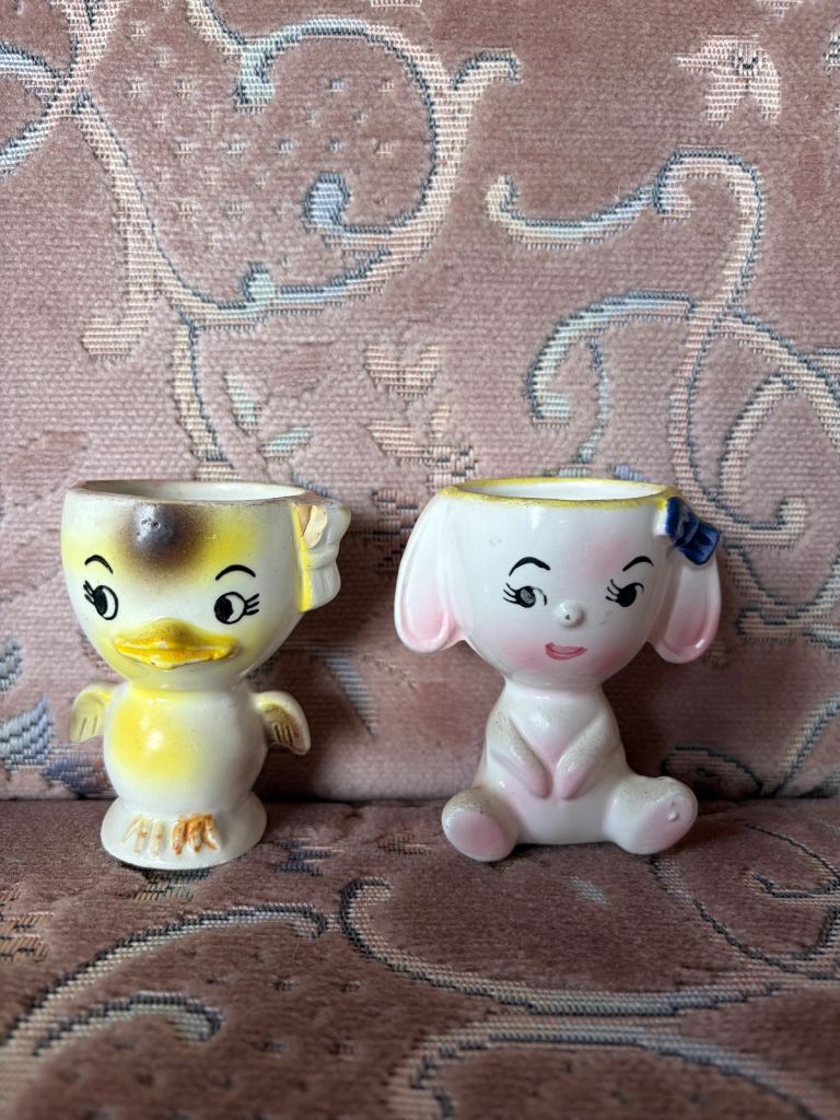 2 novelty egg cups baby and duck vintage 