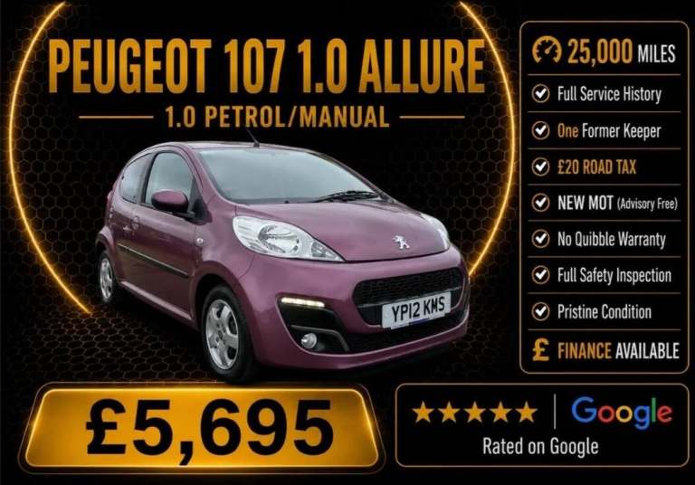 2012 Peugeot 107 1.0 Allure 3dr HATCHBACK Petrol Manual