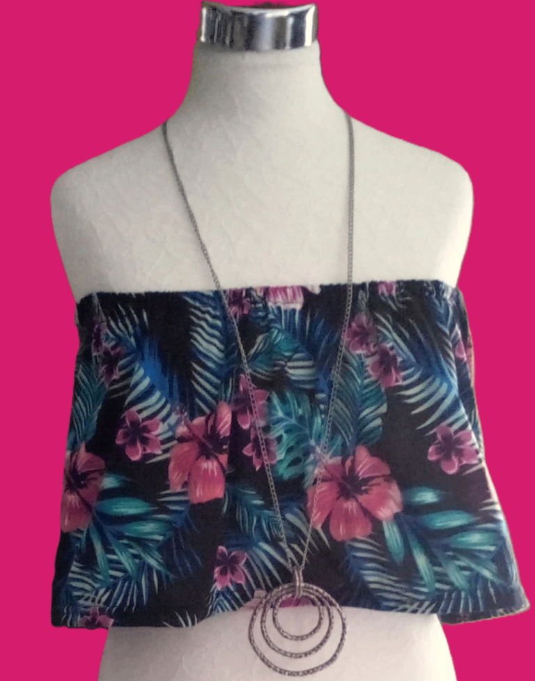 Black Tropical Print Elasticated Ruched Boob Tube Strapless Summer Top.Size 8.POST OR COLLECT!