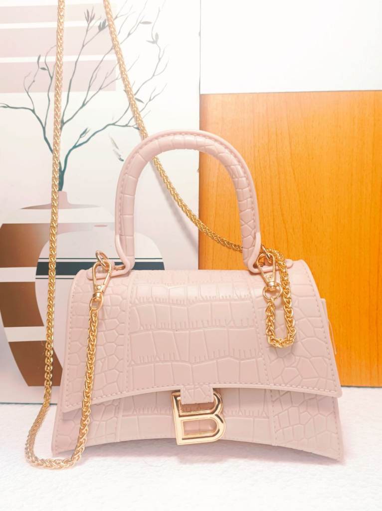 Nude Croc Hourglass Handbag with Gold Chain Strap