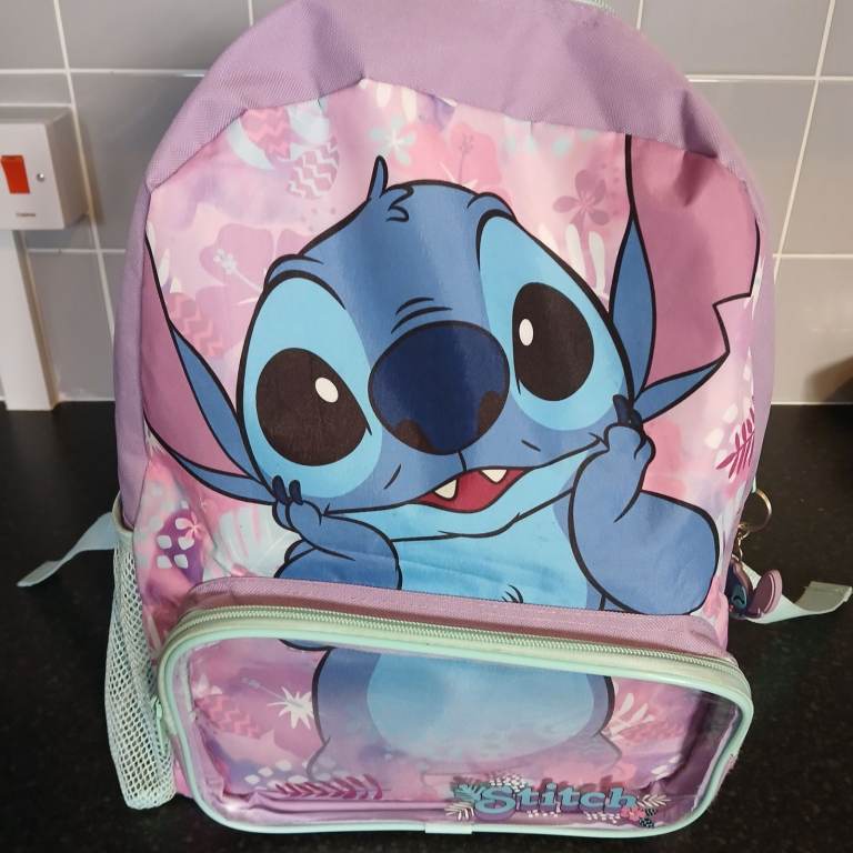 Backpack School Bag Disney Stitch  Lilac Pink Floral Front Pocket Zipper Keyring