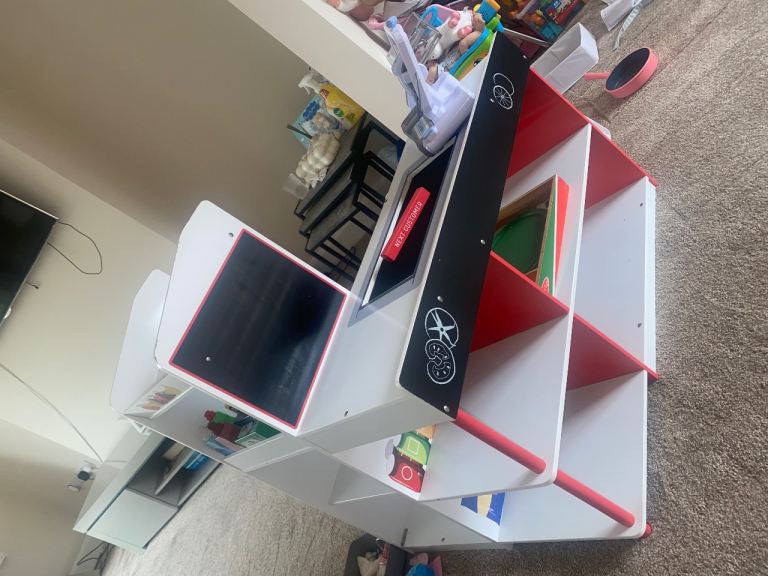Kids Bookcase White and Red with Chalkboard Sides