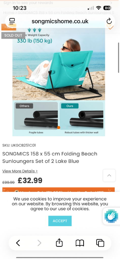 SONGMICS Folding Beach Sunloungers Set of 2 – Lake Blue