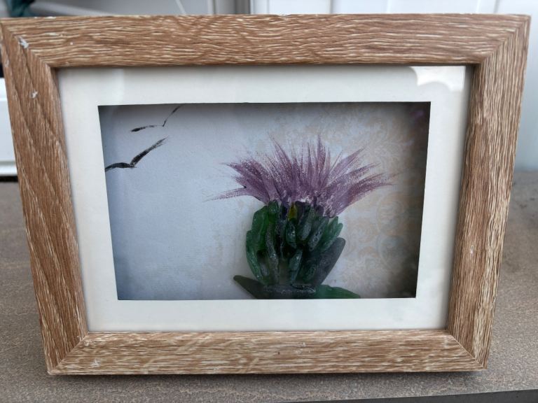 Framed Thistle Picture with Birds – Good Condition