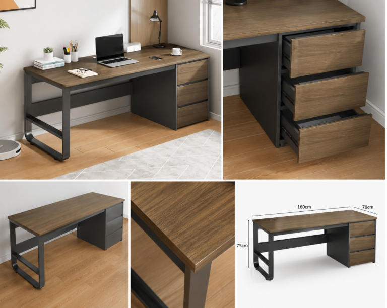 Large Computer Desk 160cm with 3 Drawers Walnut Effect Home Office NEW