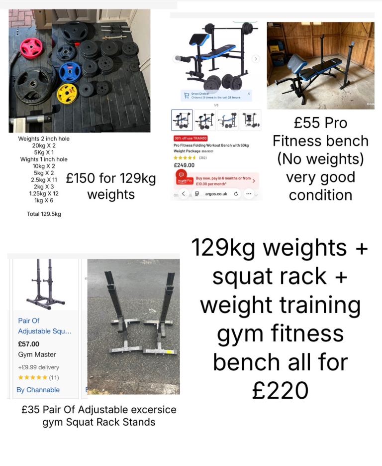 129kg weights + squat rack + weight training gym fitness bench all for £220