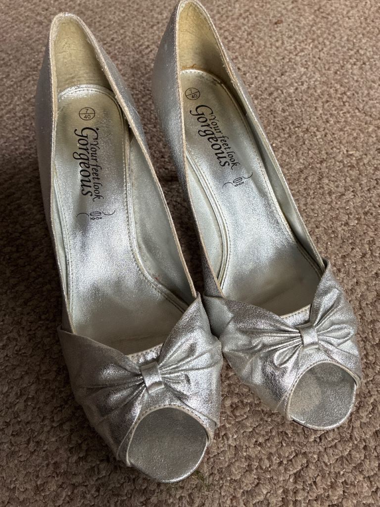 Silver peep toe heels