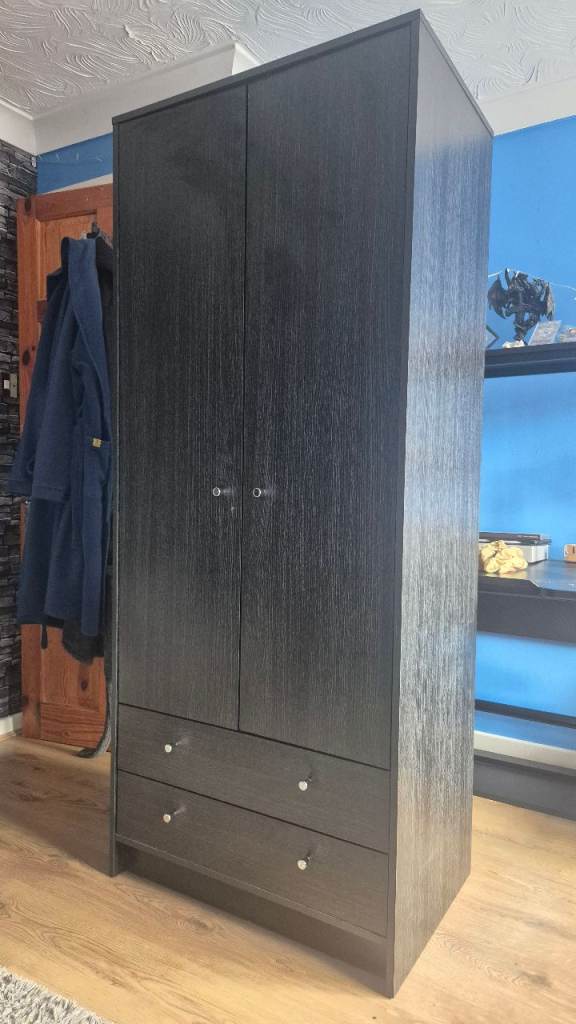 Black Wood Effect Wardrobe with Two Drawers – (FREE)