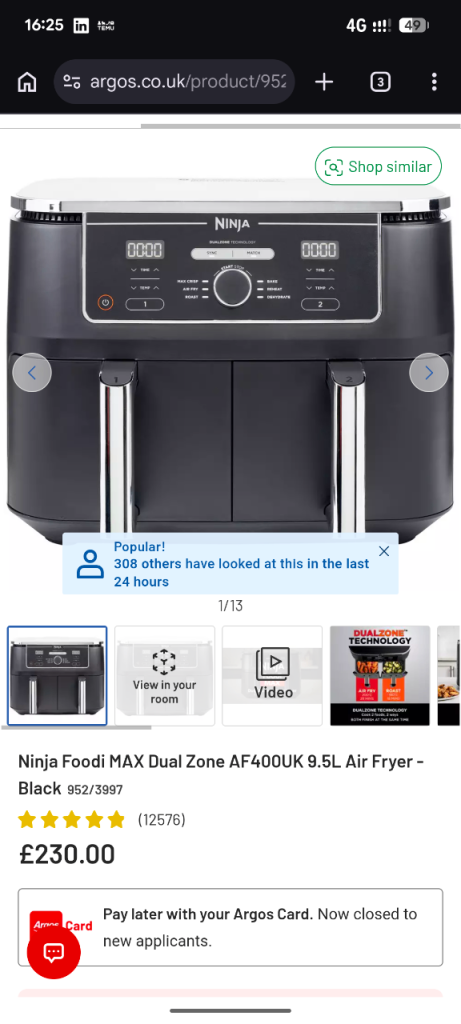 Ninja 9.5 litre twin air fryer. Good condition. Barely used.  Bargain £50