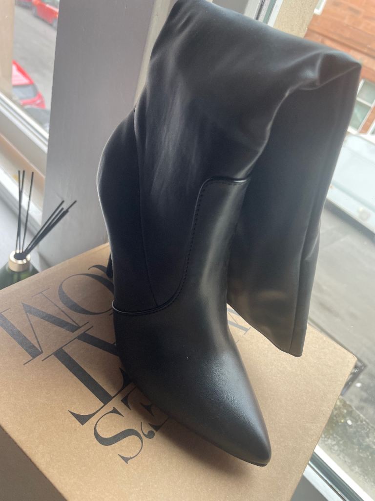 Black Leatherette Knee High Boots - Stiletto Heel, Like New