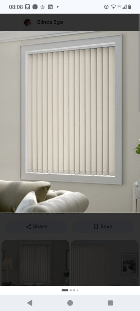 Vertical window blinds. Cream. Width 2360, drop 975.  