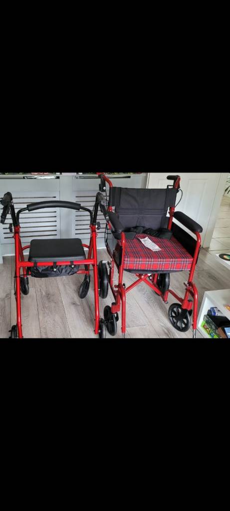 Red walker and red and black wheel chair  