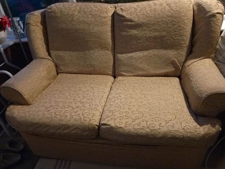 Two-Seater Sofa - Beige/Gold Patterned Fabric, Good Condition