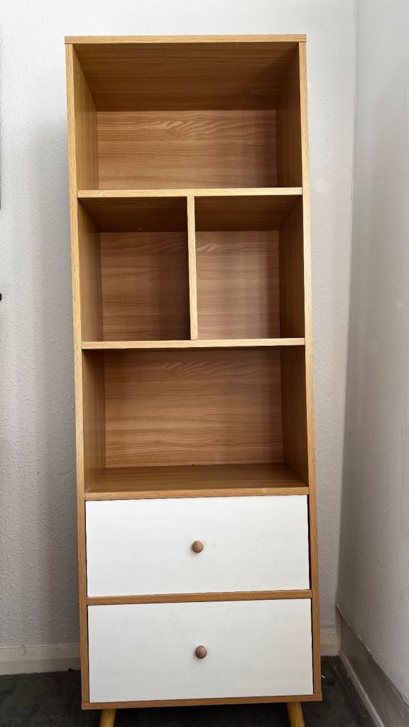 Wooden Bookcase with White Drawers – Good Condition