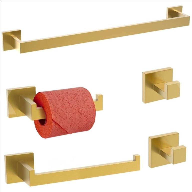 New Gold Bathroom Accessory Set – Towel Rail, Ring & Hooks