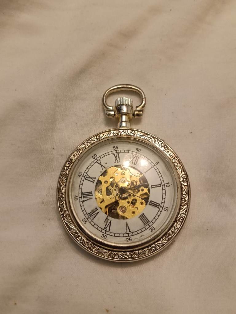 Lovely Silver-Coloured Pocket Watch with Exposed Mechanical Movement