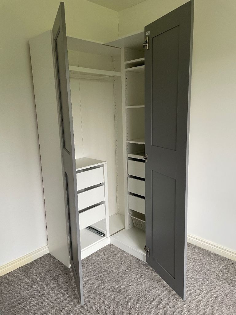 Ikea Pax Grimo Corner wardrobe grey & white