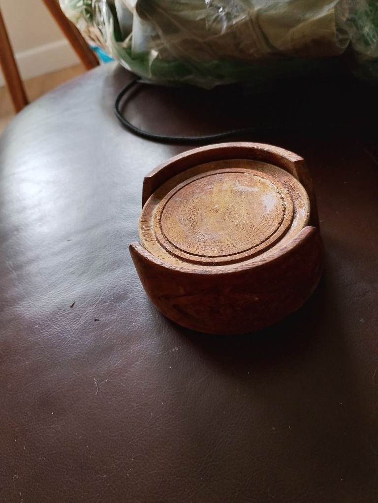 Wooden Coaster Set with Holder – Good Condition