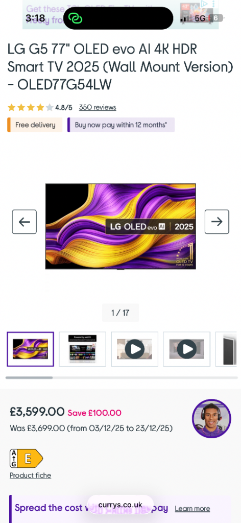 CAN DELIVER,RRP £3500 NEW SEALED LATEST MODEL LG G5 77" OLED EVO AI 4K HDR SMART TV 2025 OLED77G54LW