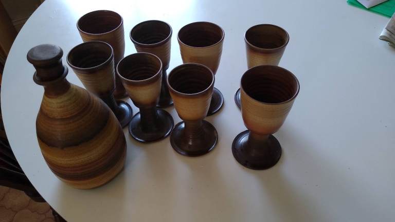 Vintage Pottery Decanter and Goblet Set – Good Condition