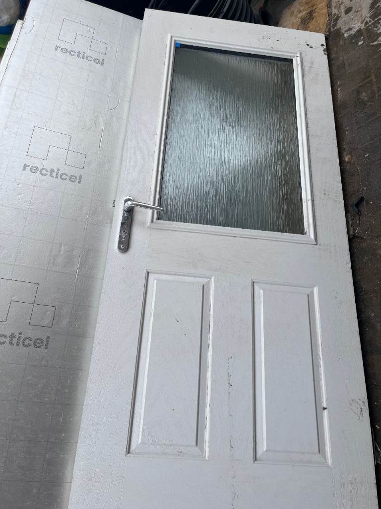 Strong White Exterior Front/Back Door with Obscure Double Glazed Glass – Used