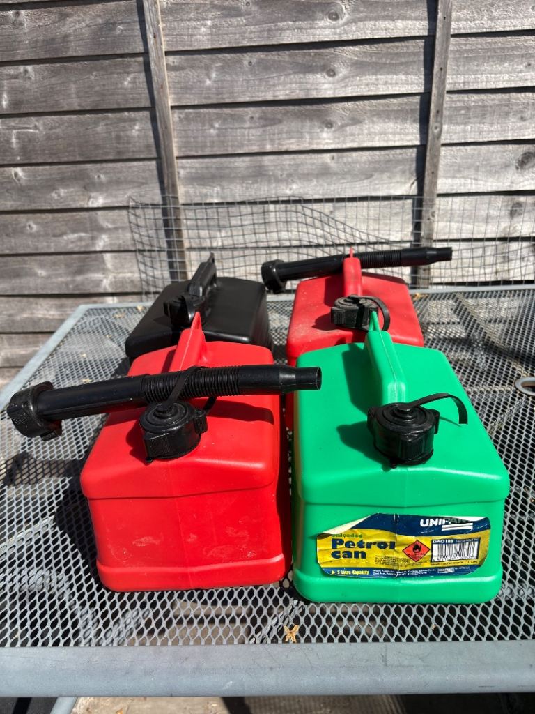 Unilite Petrol Cans (4) – Red, Green, Black – Good Condition