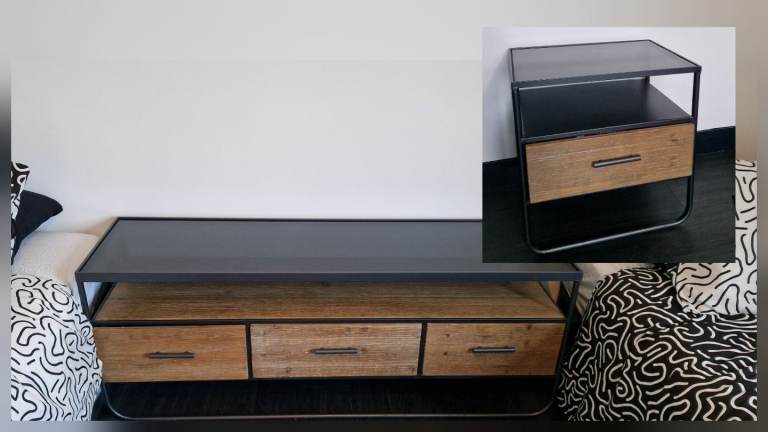 Industrial look wood and metal set of drawers and bedside table