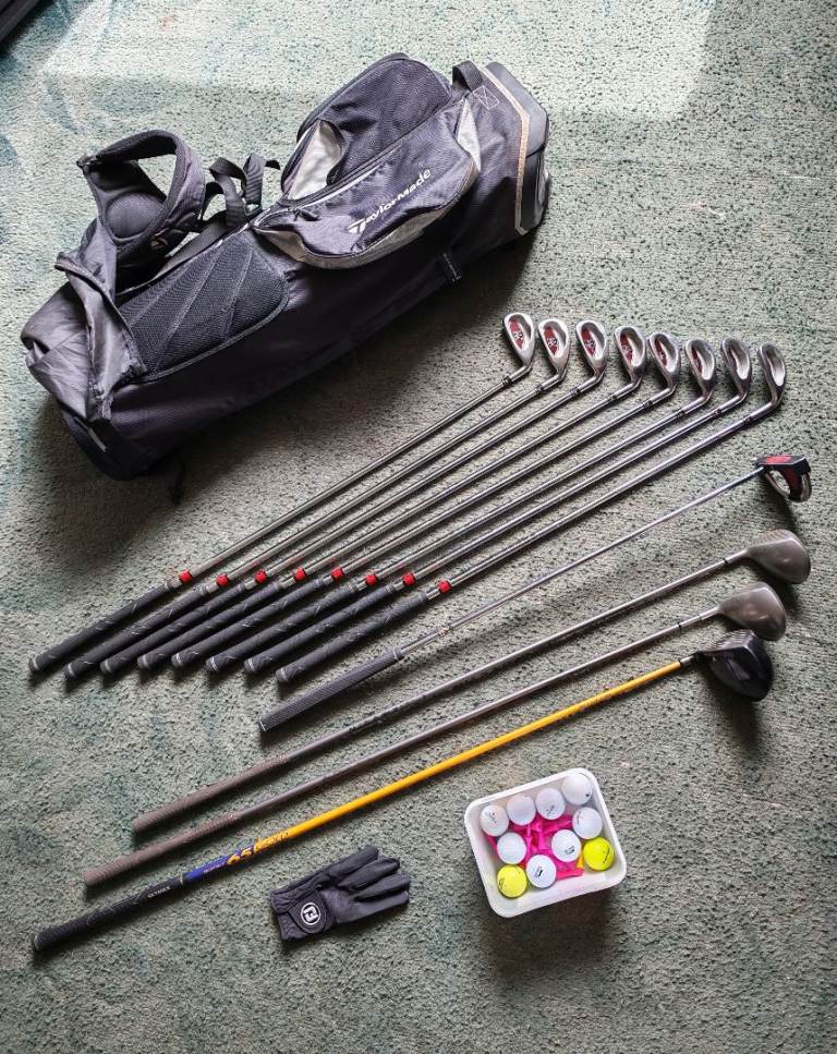 Golf Club Set, RAM Concept X Irons, Taylormade Golf Bag, Golf Balls, Tees, Glove